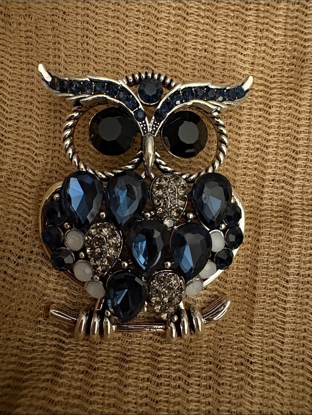 Owl Crystal Accent Pin Brooch in Deep Navy